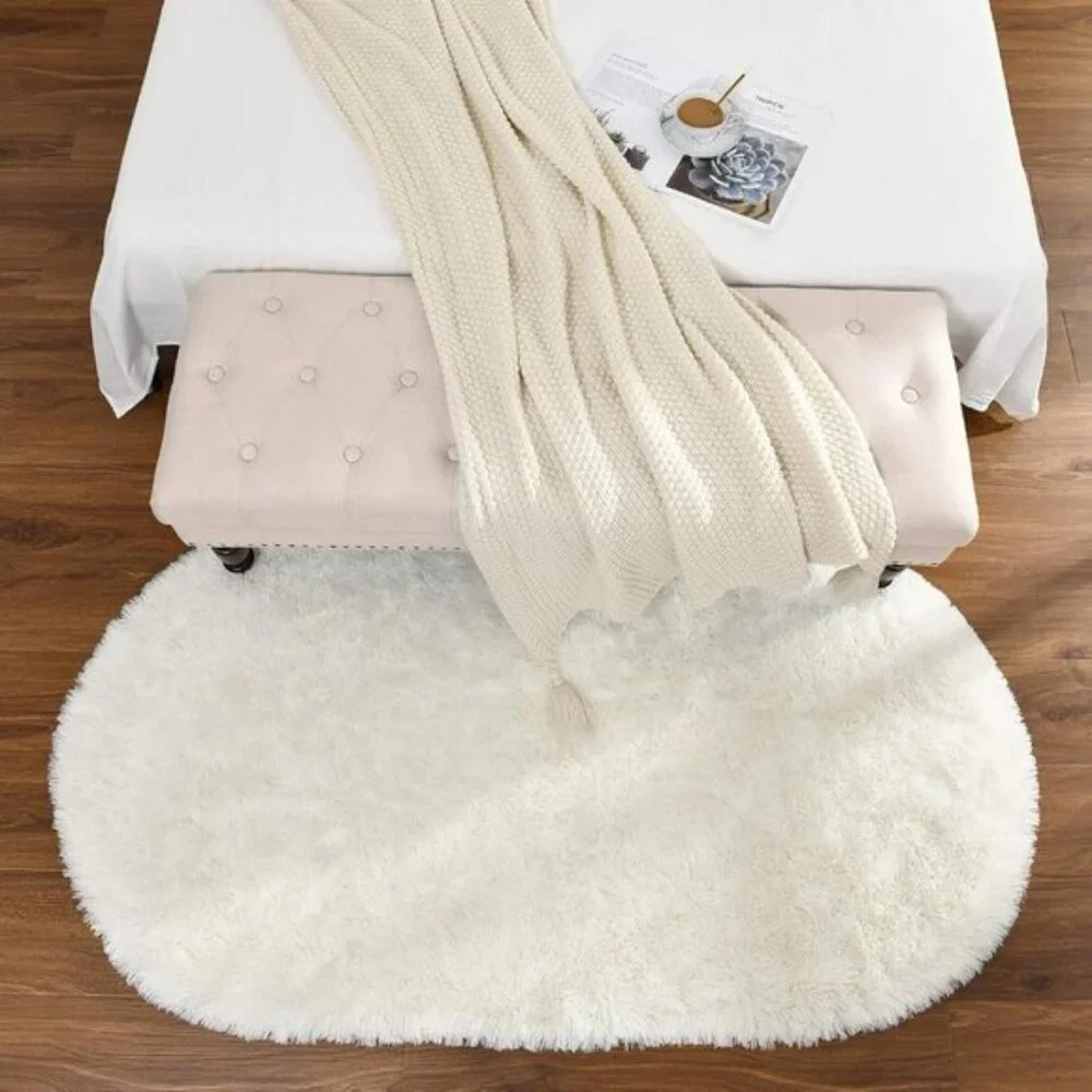New 2.6x5.3 Fluffy Cream Rug, Soft Oval Shag Carpet for Home, Bedroom & Nursery